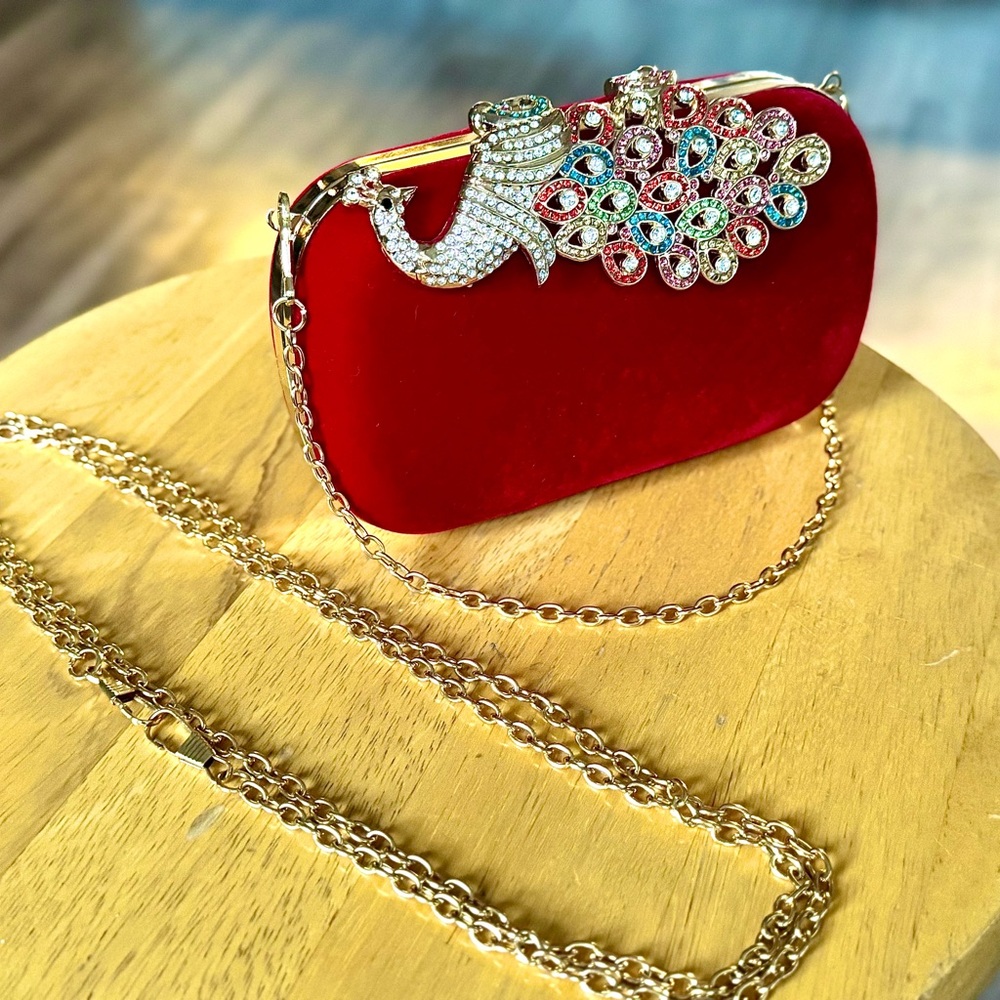 NWT - YMG Design Collection Peacock Crystal Encrusted Statement Velvet Clutch